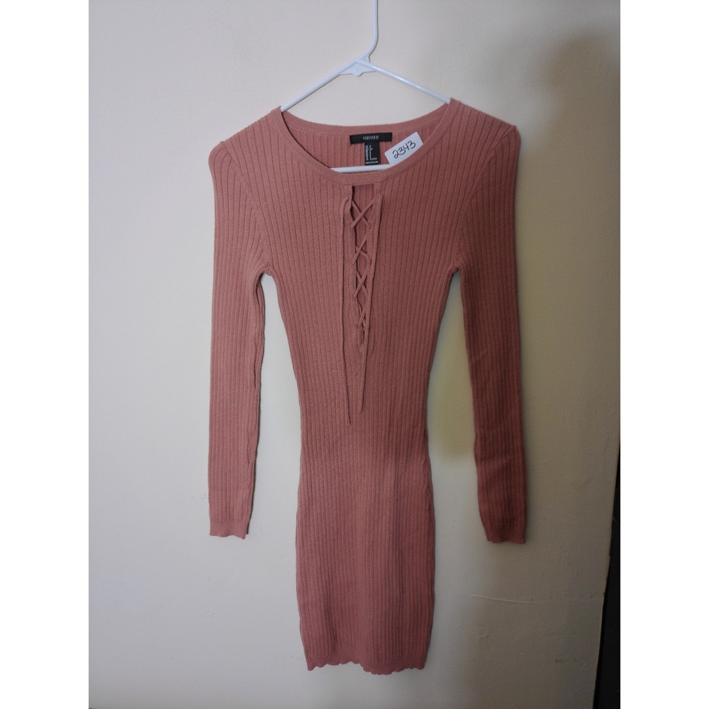Forever 21 Bodycon Dress Women Small Pink Ribbed Lace Up Mini Y2K Aesthetic